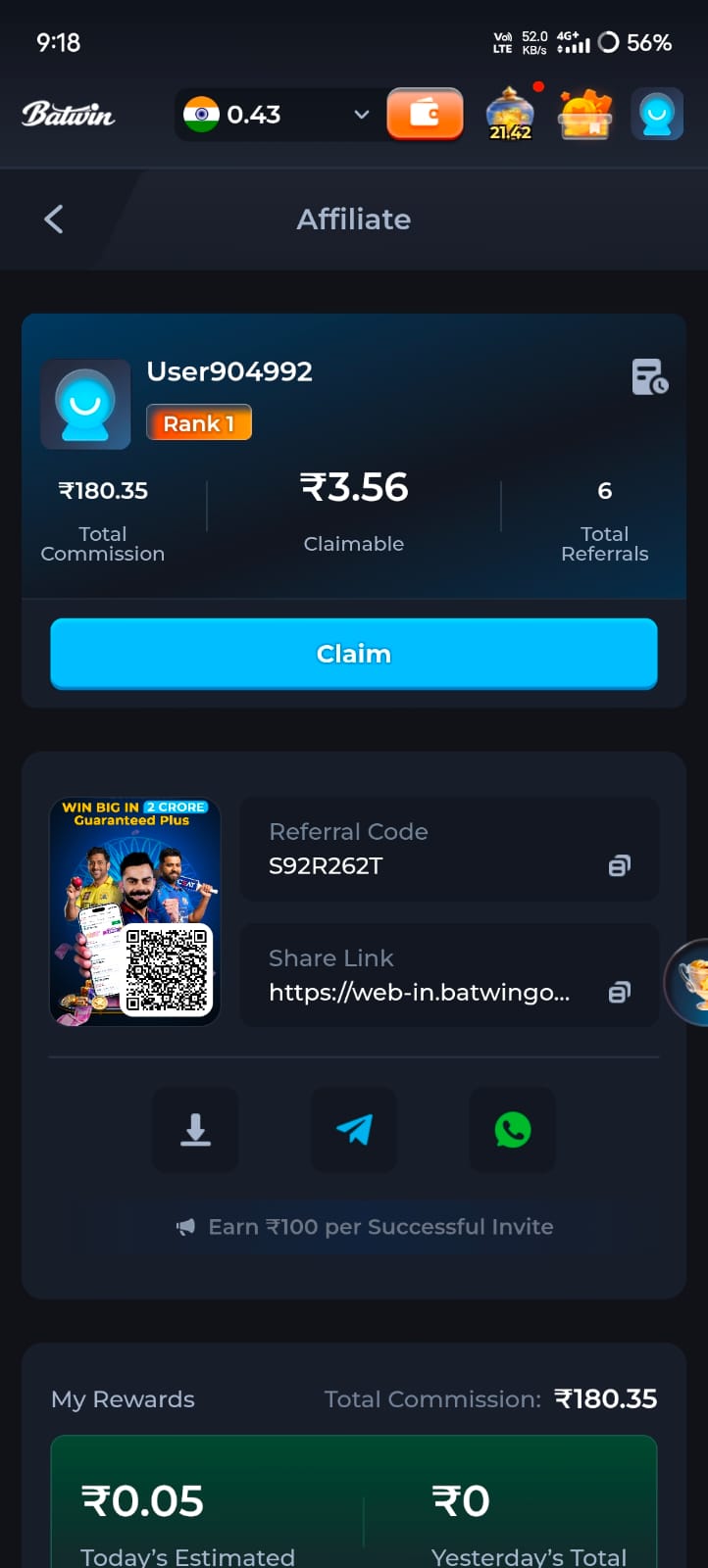 Batwin1 colorful HD logo with rupee coin icon and India’s Most Trusted gaming slogan on blue background
